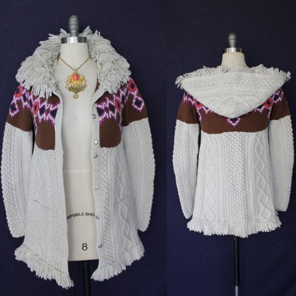 ODD MOLLY Anthropologie wool Fair Isles fisherman fringe cardigan sweater Aztec - Picture 1 of 10